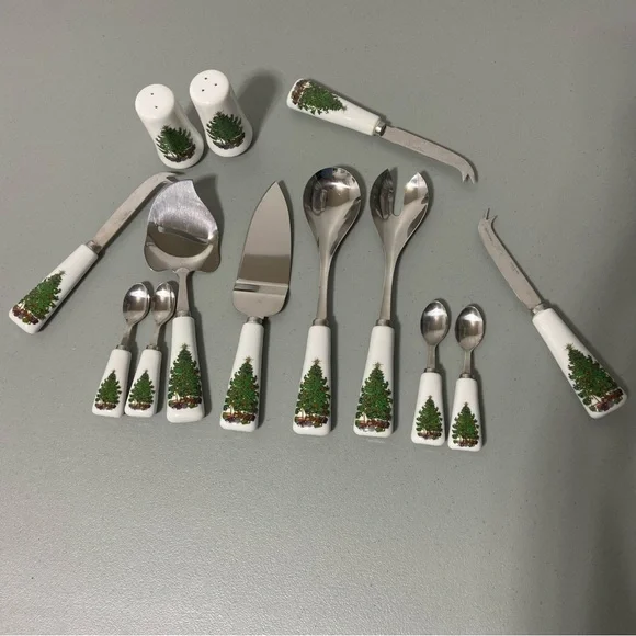 Christmas Tree Serving Utensils Salt Pepper Shakers Stainless Japan 13 P… - Picture 1 of 9